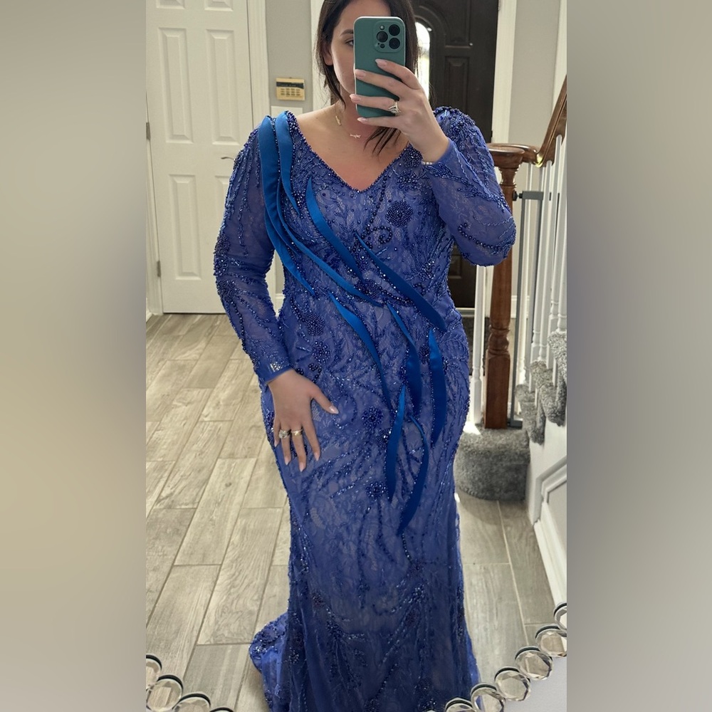 Kosovo Designer TABJA - Blue Beaded Lace Evening Gown